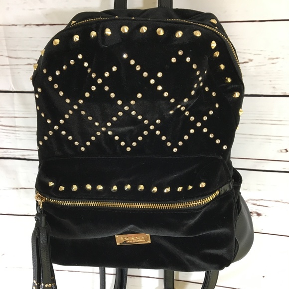 Bebe Handbags - SOLD - Bebe Black Velour & Gold Stud Backpack